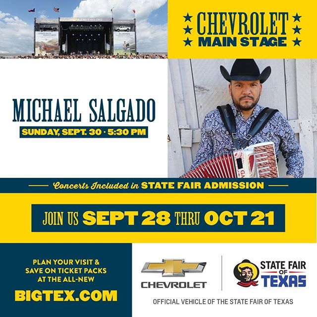. @MichaelSalgado_ takes on @Chevrolet Main Stage this Sunday! Close out opening weekend with us and enjoy a great concert! 🤠 #BigTex #HowdyFolks #StateFairofTX #ChevyMainStage