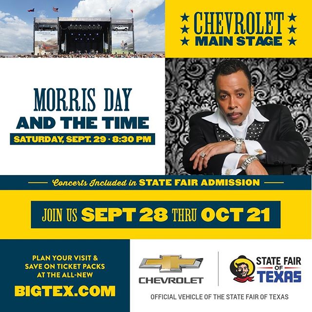 The State Fair of Texas welcomes Morris Day and the Time to the @Chevrolet Main Stage this Saturday at 8:30!  Buy your State Fair admission tickets online at https://bit.ly/2LZuG1N 🤠 #BigTex #HowdyFolks #StateFairofTX #ChevyMainStage