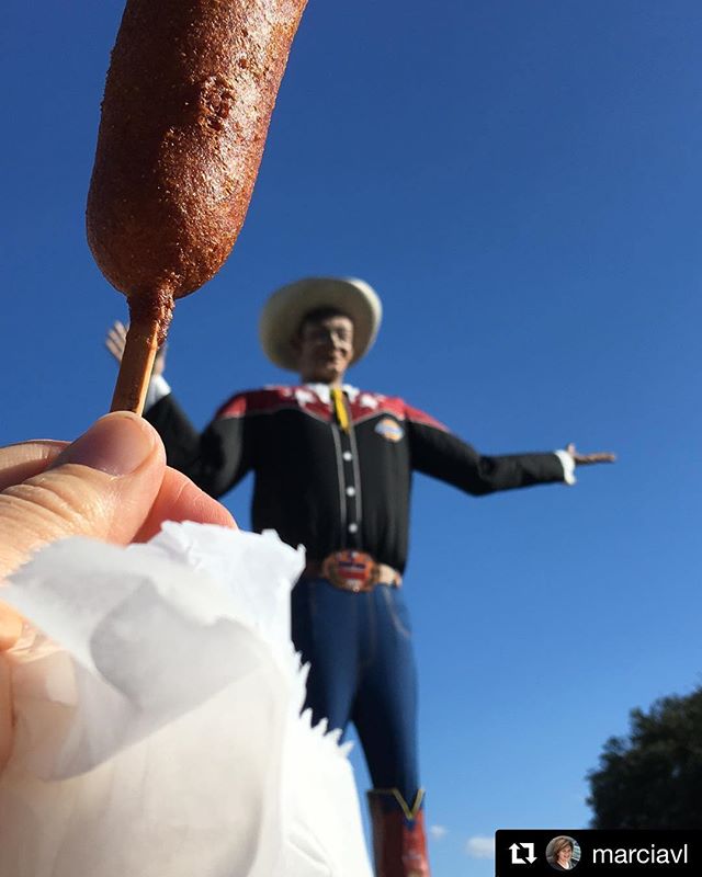 Nothing better than #BigTex and corny dogs in hand! Half way through the first week of the Fair! #BigTex #pod