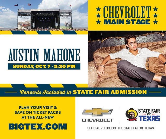 The State Fair of Texas welcomes @AustinMahone to the @Chevrolet Main Stage this Sunday! 🤠 #BigTex #HowdyFolks #StateFairofTX #ChevyMainStage