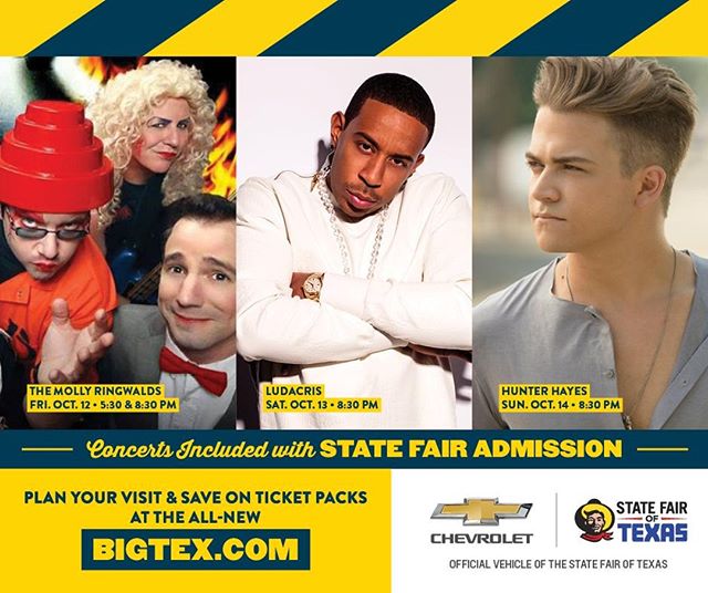 If you haven’t already, you need to come out to the #StateFairofTX this weekend! It’s another awesome, talented lineup of artists on the @chevrolet Main Stage! Concerts included with your #StateFair admission!  #ChevyMainStage #BigTex