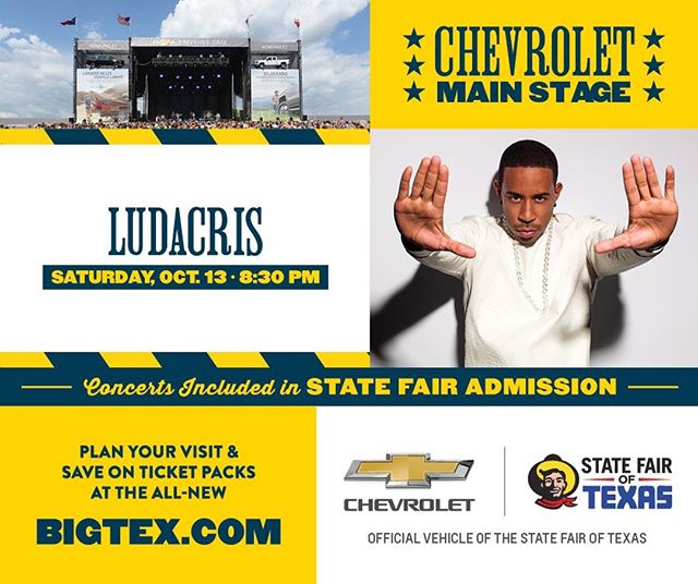 The State Fair of Texas welcomes @Ludacris to the @Chevrolet Main Stage this Saturday! Concert admission is free with your State Fair ticket.  https://bit.ly/2NUCLpr 🤠 #BigTex #HowdyFolks #StateFairofTX #ChevyMainStage