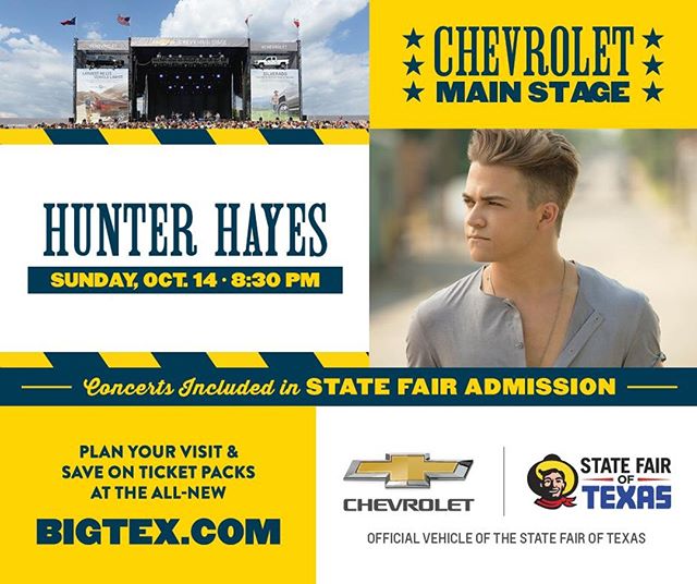 The State Fair of Texas welcomes @HunterHayes to the @Chevrolet Main Stage this Sunday! Concert is included with your State Fair admission! 🤠 #BigTex #HowdyFolks #StateFairofTX #ChevyMainStage