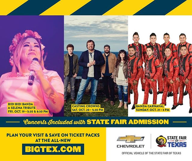 Last weekend of the 2018 #StateFairofTX, but there are still so many fun things to enjoy, foods to try and music to dance to! Come out for another fantastic lineup on the @chevrolet Main Stage! #BigTex #ChevyMainStage
