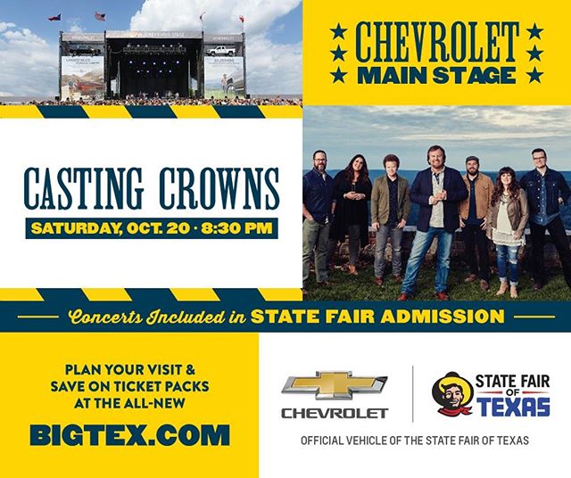 The State Fair of Texas welcomes @castingcrowns to the @Chevrolet Main Stage this Saturday! 🤠 #BigTex #HowdyFolks #StateFairofTX #ChevyMainStage