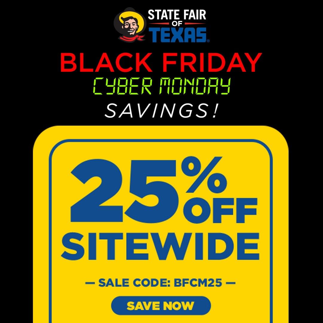 Black Friday #StateFair style! Take 25% off SITEWIDE on all your favorite #BigTex merchandise now through November 27!! Be sure to use code: BFCM25 at checkout. 🤠😍👉🏽 https://bit.ly/2DBJMtn #BlackFriday