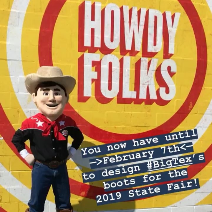 Deadline extended to February 7th! That’s right folks, you have one more week to design #BigTex’s boots for the 24-day run of the 2019 #StateFairOfTX.  Go to BigTex.com/DesignMyBoots to get the outline & form! @lucchese #DesignMyBoots