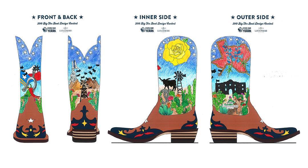 Votes are in!! The winner of the 2019 Big Tex Boot Design Contest presented by @lucchese is Katie Sauceda of Keller, Texas. Congratulations Katie! #BigTex wants to thank everyone who submitted their designs! If one thing is certain, y’all are creative! #CelebratingTexasCreativity  #BigTex #StateFairofTX #DesignMyBoots #HappyFriday