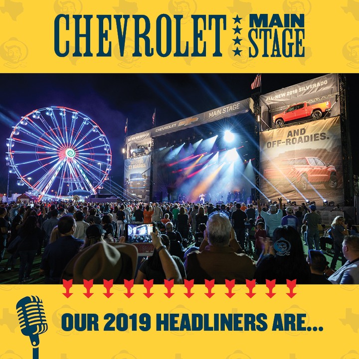 Y’all have asked and the time has come! 🎼 We are excited to announce, the 2019 Chevrolet Main Stage headliners are…. live on BigTex.com RIGHT NOW!!! 👈👈 #BigTex 🤘🤠😍