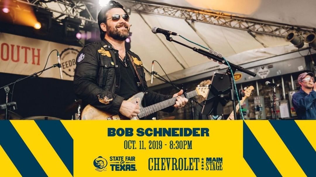The #StateFairofTX will like to welcome Bob Schneider Music to the Chevrolet Main Stage on Oct. 11 at 8:30 pm! Enjoy the FREE show with your #StateFairofTX ticket. Buy your season pass online to enjoy 24 days of live music and so much more! bigtex.com/buy-tickets 🤠🎶 #ChevyMainStage