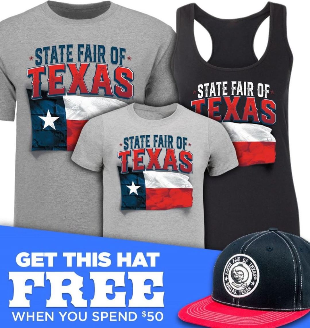We have new PATRIOTIC gear in the all-time classic red, white, and blue! 🔴⚪🔵 Shop now to rock the new look this summer! ☀Spend $50 or more and get a FREE Snapback #BigTex Hat! Head online to start shopping!! bigtexstore.com #StateFairofTX #Summer #Texas