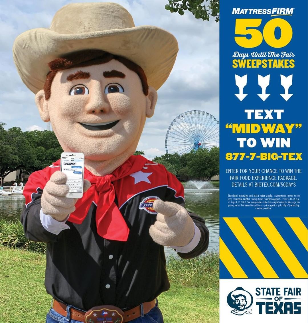 Big Tex & our friends at @MattressFirm have put together the STATE FAIR FOODIE EXPERIENCE package! 😋🍴😍 Prize pack includes 2 tix to the Big Tex Choice Awards, 2 Season Passes, 3 one-day parking pass, $200 in food & ride Coupons, State Fair Swag! #BigTex https://bit.ly/2GRtbBx