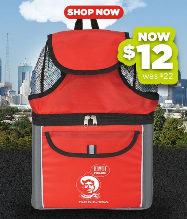 Fair-goers plan ahead and shop for this NEW backpack cooler for your trips to the #StateFairofTX this year! It is a COOL purchase for bringing lunch to the Fair! 😎🤠 Shop at BigTexStore.com today!