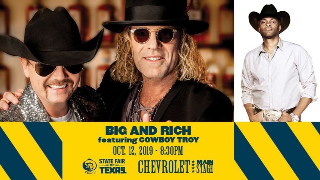 The #StateFairofTX will like to welcome @bigandrichofficial ft. @cowboytroyglobal to the @chevrolet Main Stage on Oct. 12 at 8:30 pm! Enjoy the FREE show with your #StateFairofTX ticket. Buy your season pass online to enjoy 24 days full of live music and so much more! bigtex.com/buy-tickets #ChevyMainStage